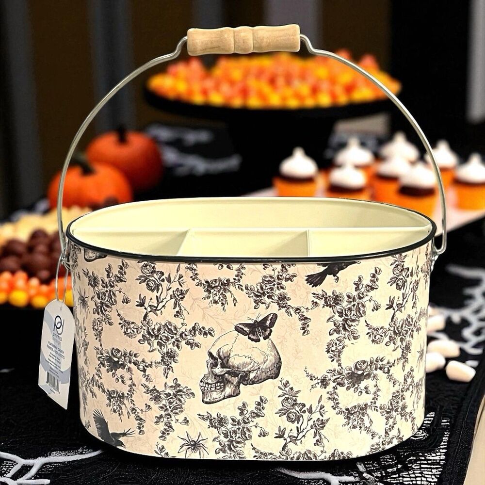 Prima Design Halloween Metal Enamel Utensil Holder Caddy W Skulls Ravens Gothic